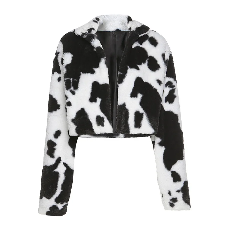 Goth Dark Punk Style Gothic Crop Faux Fur Coats Fashion Harajuku Cow Print Long Sleeve Women Jackets Warm Streetwear 2023 Spring