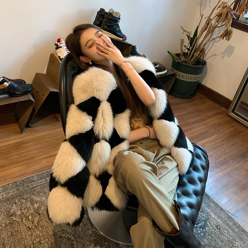 RosEvans Simple Women New Plaid Real Fox Fur Warm Coat Luxury Thick Fur Jacket Casual Streetwear Fashion Outerwear Female Winter