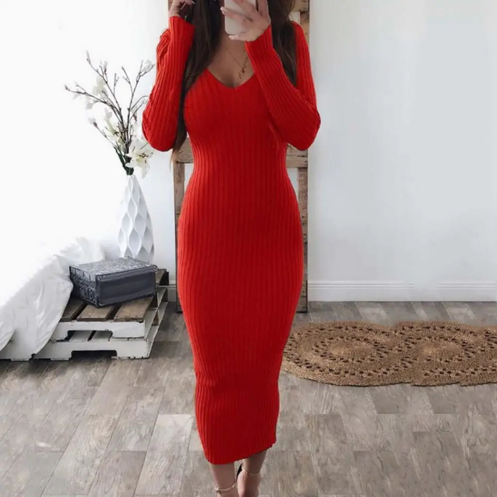 

Dress Midi Dress Bodycon Long Sleeve Slim Sexy Backless Women V Neck Ribbed Knitted Midi Dress