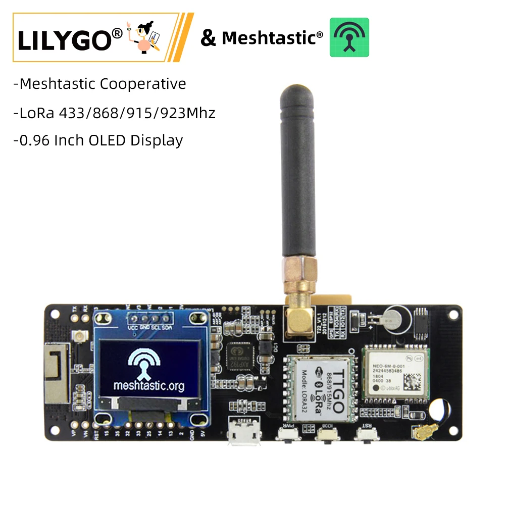 LILYGO® TTGO Meshtastic T-Beam V1.1 ESP32 LoRa 433/868/915/923Mhz Wireless Module WiFi GPS NEO-6M With OLED Display for Arduino
