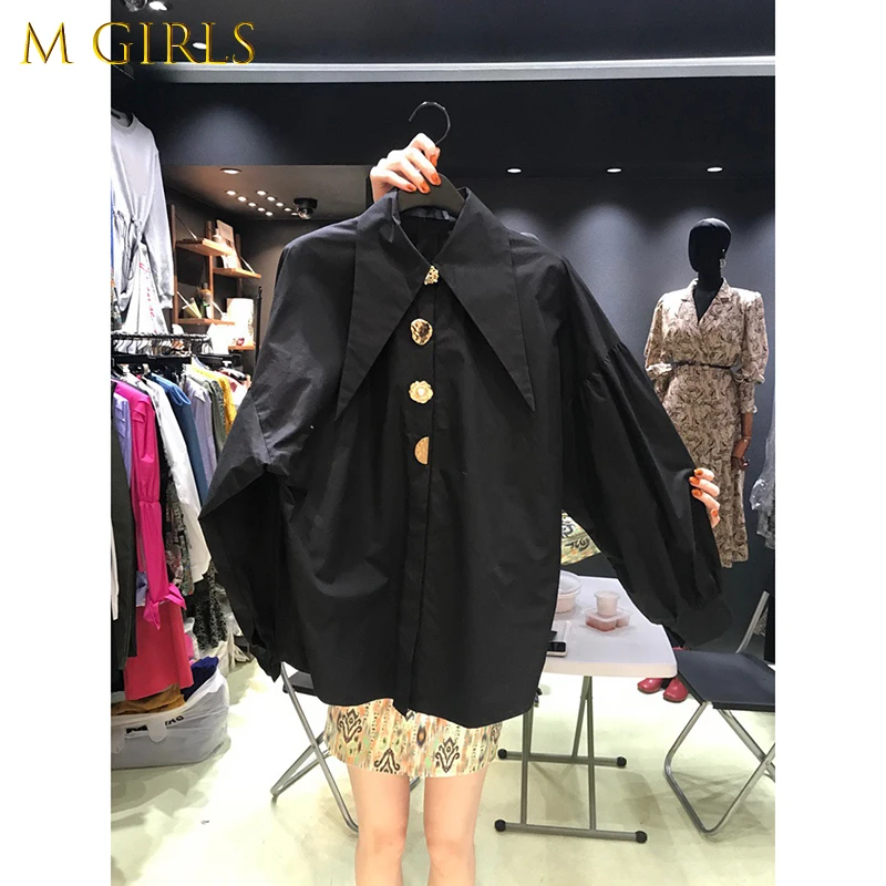 

M GIRLS Spring And Autumn New Fashion Casual Solid Turn Down Collar Button Up Full Shirt Blouse Women