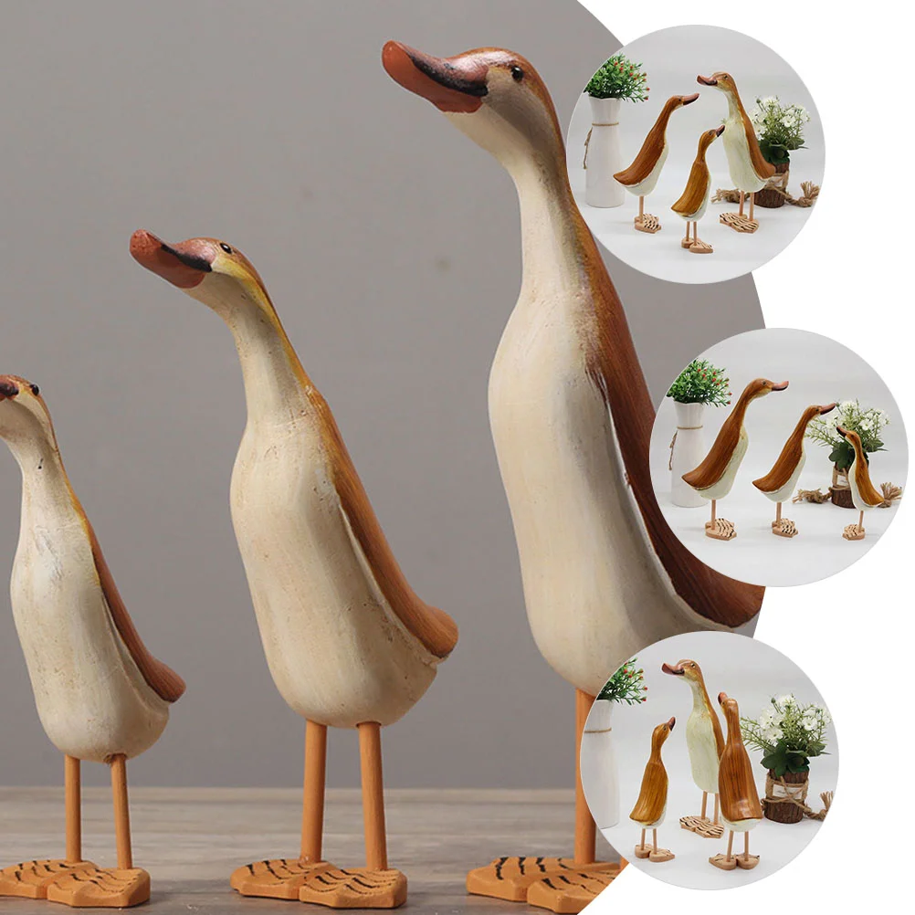 

3 Pcs Decorations Home Wood Animal Duck Sculpture Carving Shaped Figurine Carved Craft Statue
