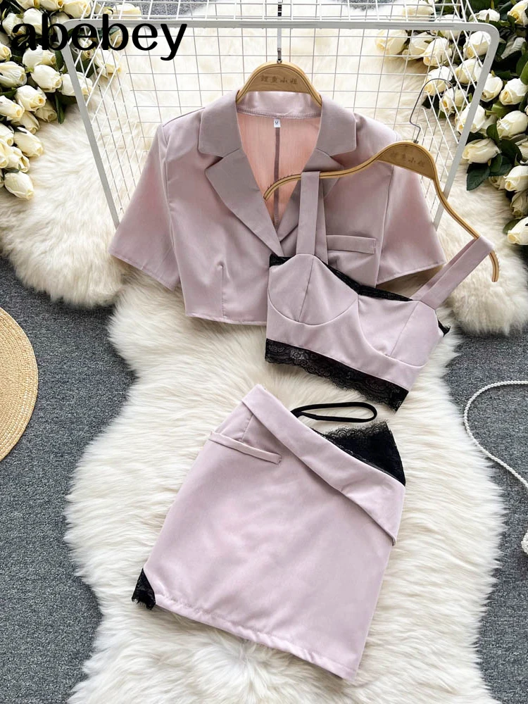 Vintage Knitted 3 Piece Set Women Short Sleeve Cardigan Coat + Camisole + Bodycon Mini Skirts Sets Three Piece Skirt Suits
