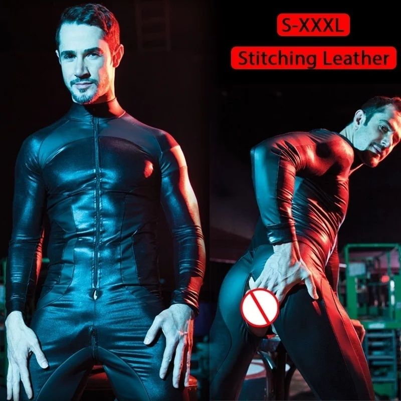 

Men Stitching Leather Zentai Suit Stretchy Leather Men Tights Jumpsuit Black with BTM Zipper