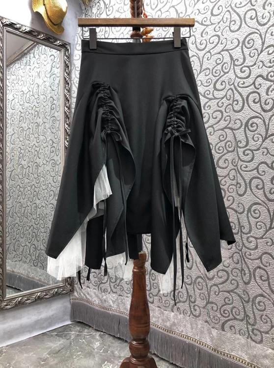 

2022 new women fashion symmetrical wrinkled drawstring lace colorblock stitching A-line skirt skirt 0108