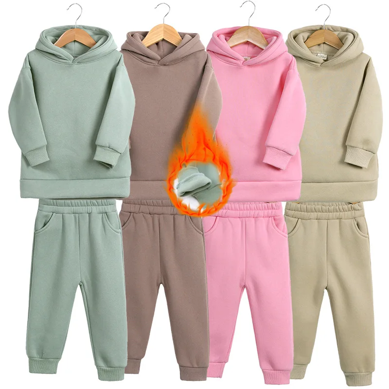 

Autumn Winter Children Clothing Sports Sets For Boys Girls Hooded Solid Color Long-Sleeved Trousers 2-Piece Set Casual Tracksuit
