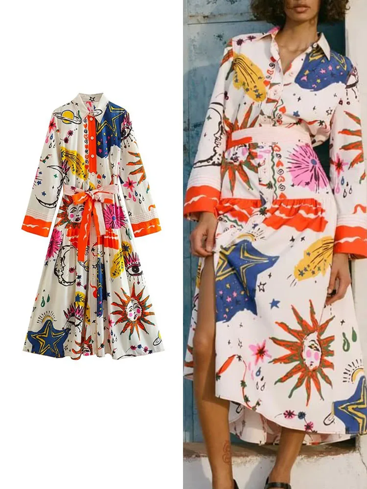 

M GIRLS Fashion Women Printed Dresses With Belt Summer Elegant Turn Down Collar Beach Style Dress A-line Party Vestidos
