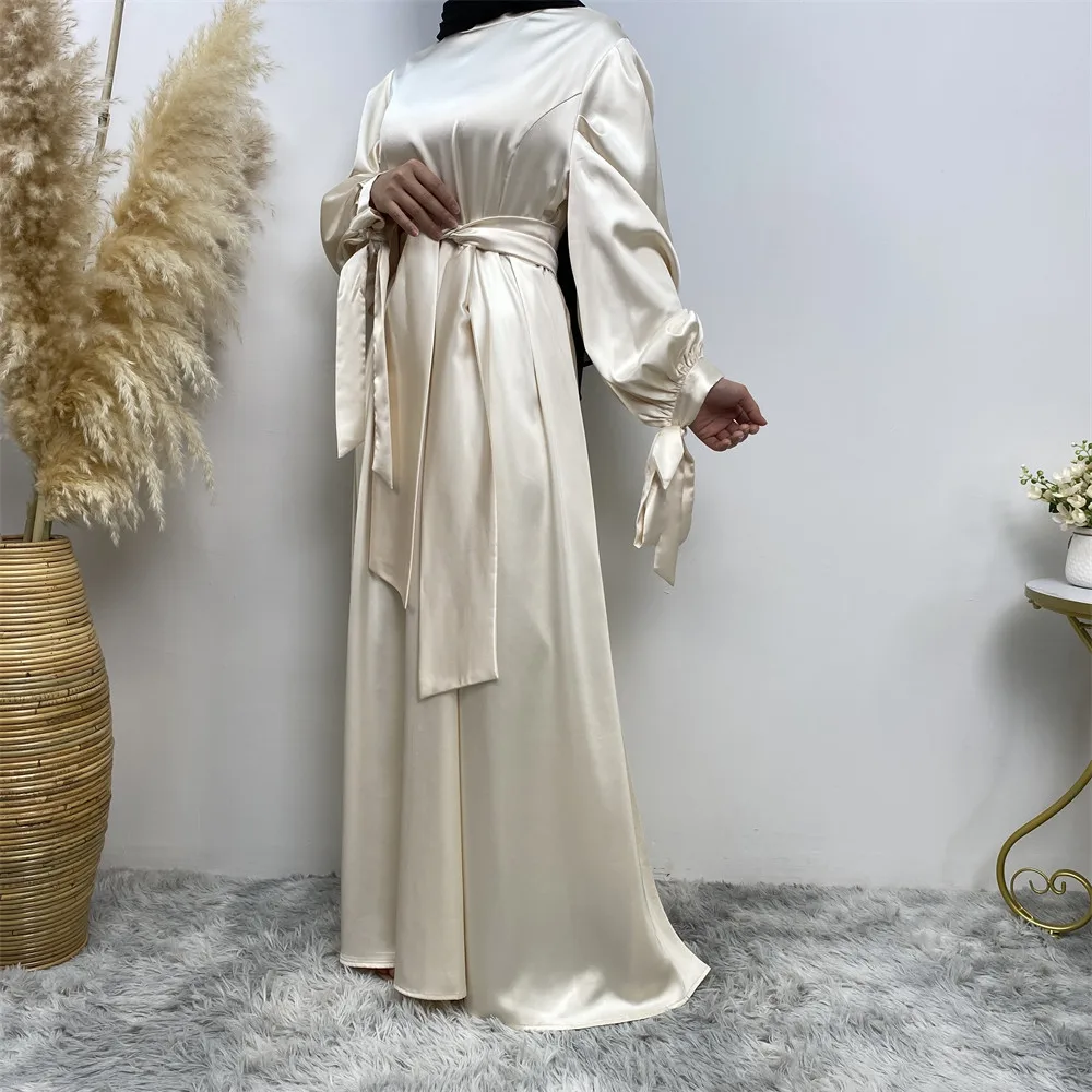 Fashionable and Minimalist Solid Satin Lace Up Sleeves Elegant Dress Muslim Women's Dress Muslim Maximum Dresses for Women