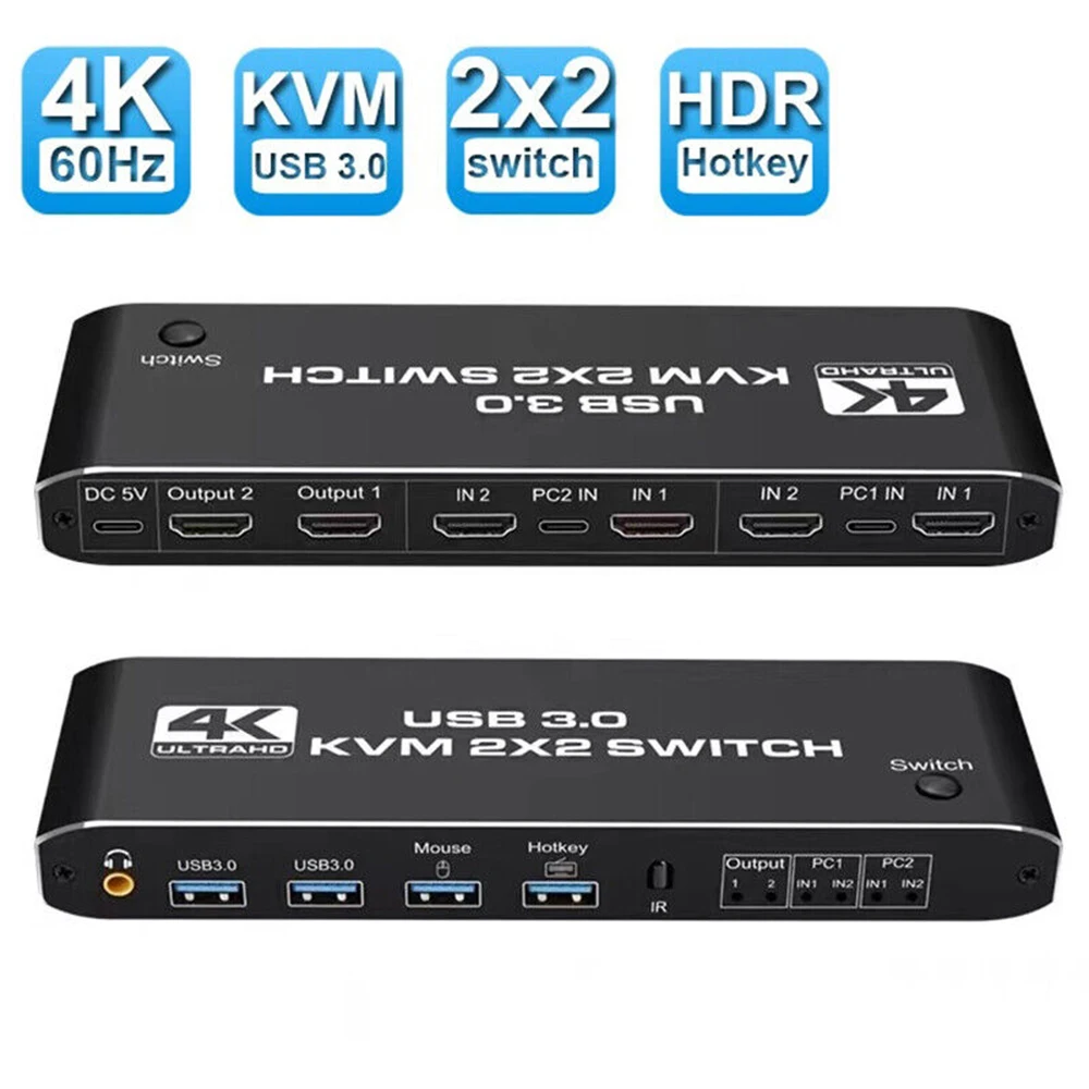 Двойной монитор HDMI-совместимый переключатель KVM 2x2 USB3.0 2 в 2 out 4K 60Hz 2x2 смешанный дисплей 2 монитора 2 компьютера для ПК ноутбука Двойной монитор HDMI-совместимый переключатель KVM 2x2 USB3.0 2 в 2 out 4K 60Hz 2x2 смешанный дисплей 2 монитора 2 компьютера для ПК ноутбука