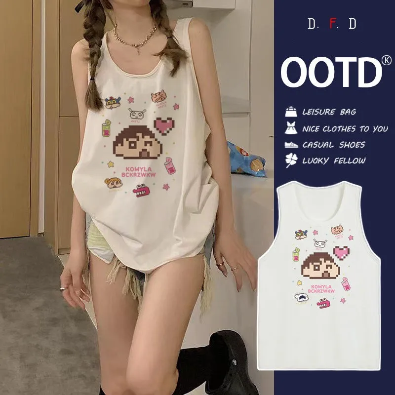 Kawaii Crayon Shin-Chan Anime Sleeveless Short-Sleeved T-Shirt Women's Summer New 100% Cotton 260G Heavy Simple Loose Inner Wear