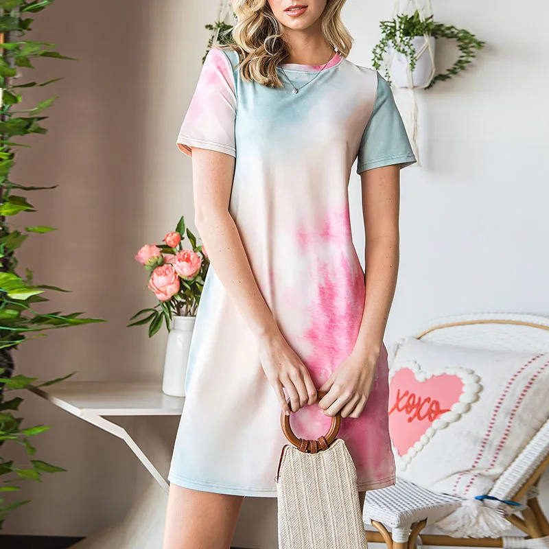 Shi Ying Summer Loose Relaxed Short Sleeve Dress New Tie Dyed Print Round Neck Knee Length Short Skirt