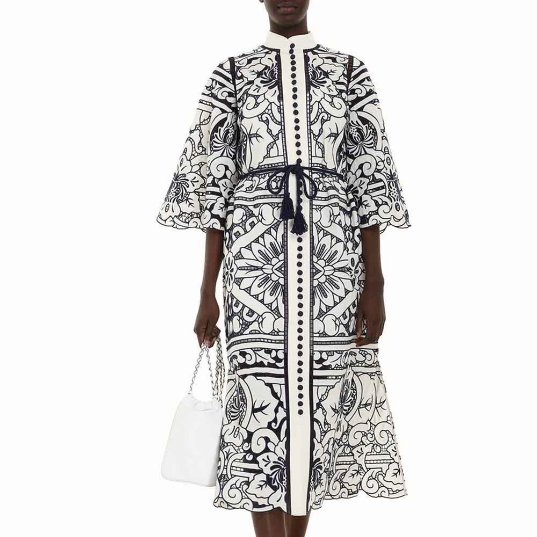 

2022 Spring Summer Vacation New High Quality Stand Collar Elegant Fashion Blue and White Hollow Out Dress for Women
