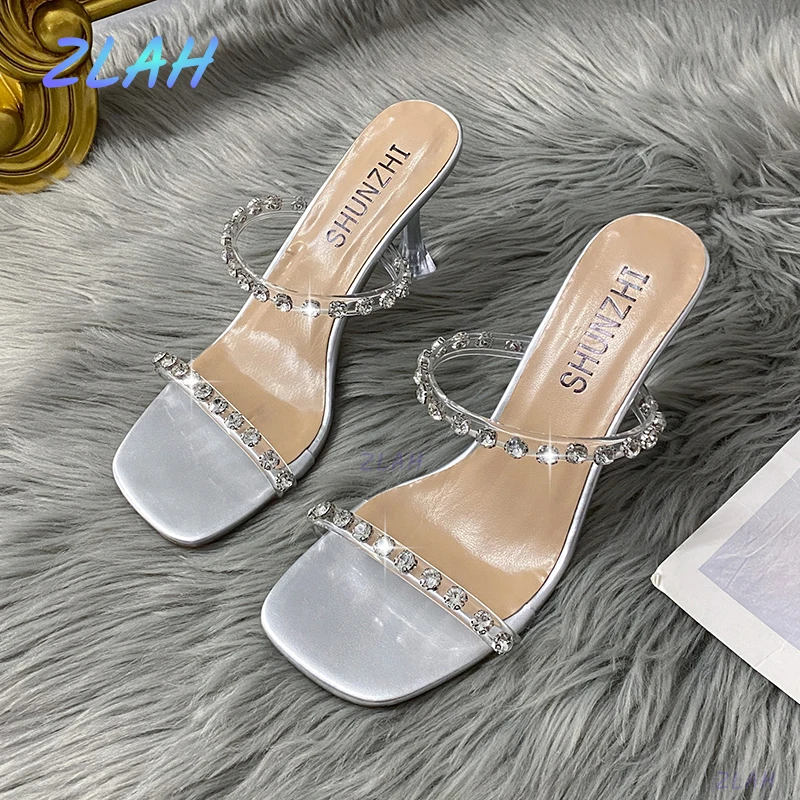 

Summer Women's Slippers Square Toe Open Toe Sandals Zlah Sexy Thin High Heels Outdoor Slippers Metal Trim Women Sandals