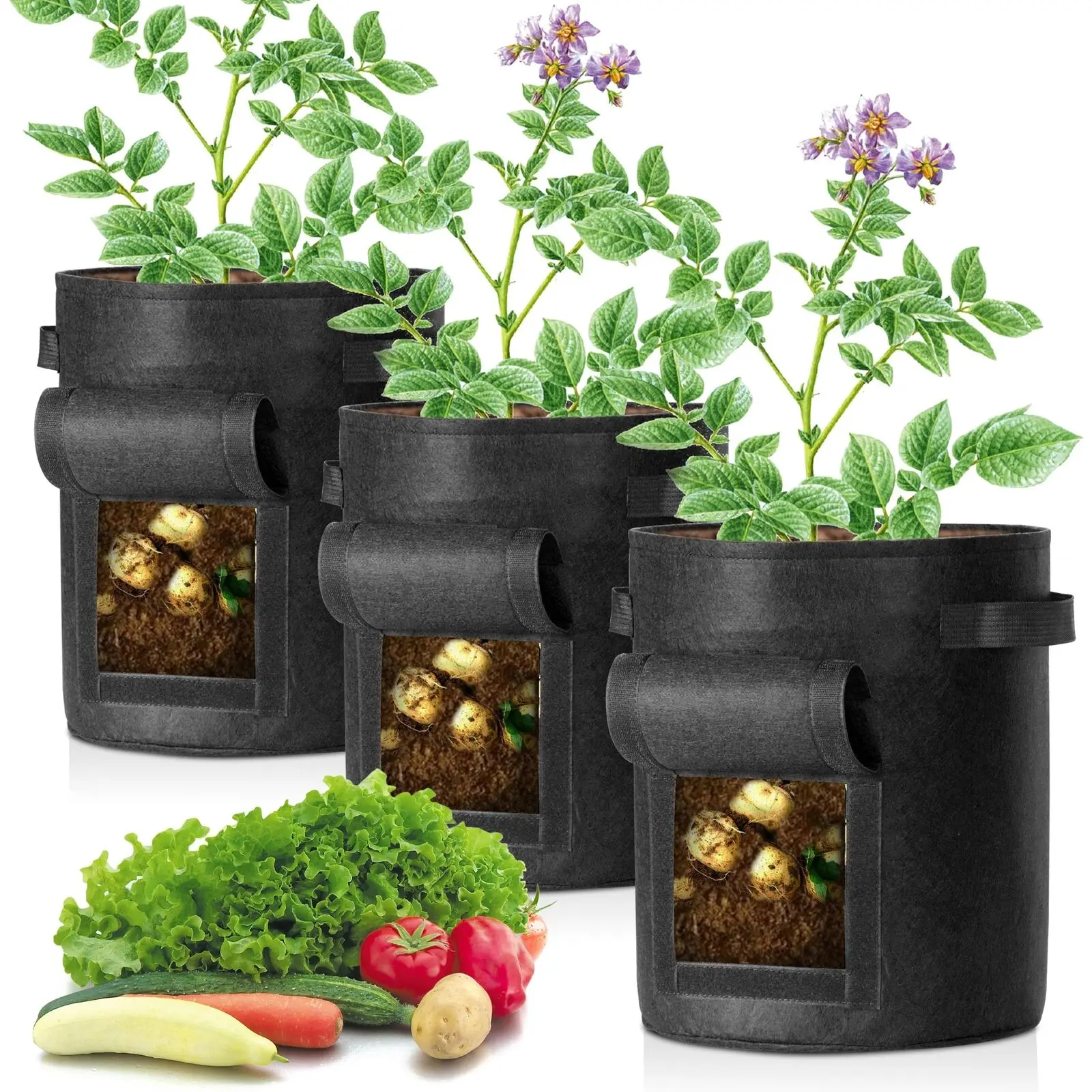 

Potato Planter Bag 3pcs Set/7 Gallons Black Anti-tangle & Movable Pot