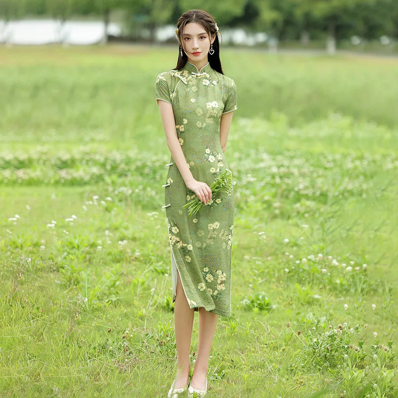 

Summer Chinese Side Slit Qipao Dress For Women Summer Vintage Green Flower Print Cheongsam Sweet Slim Girl Party Dress Gifts