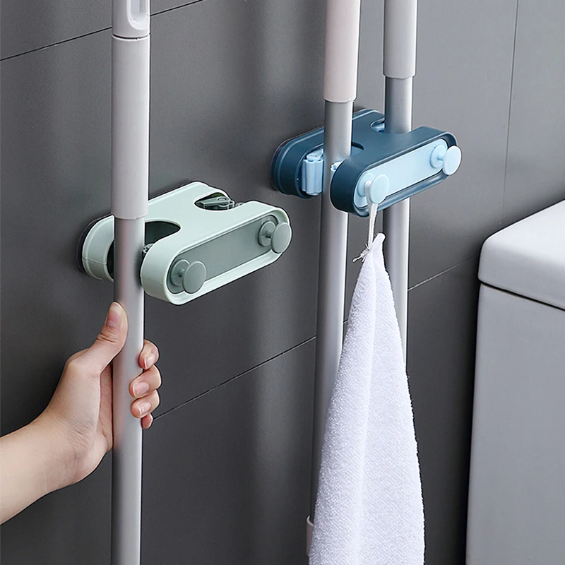

Bathroom Mop Holder Clip Organize Double Buckle No Trace Rack Hanging Rag Plastic Broom Wall Mounted Adhesive Multi-Purpose Hook