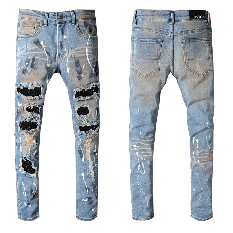 2022 Light Blue Streetwear Men Fashion Distressed Destroyed Tie Dye Rivet Patched Skinny Stretch Ripped Slim Fit Jeans Hombres