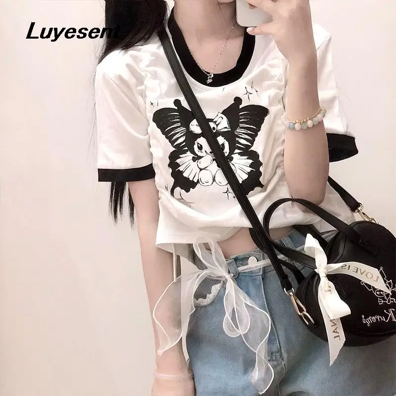 

White Female Draw String O Neck Short T Shirt Y2k Style Girl Kawaii Cartoon Print Crop T-shirts Korean Harajuku Pleated Tshirt