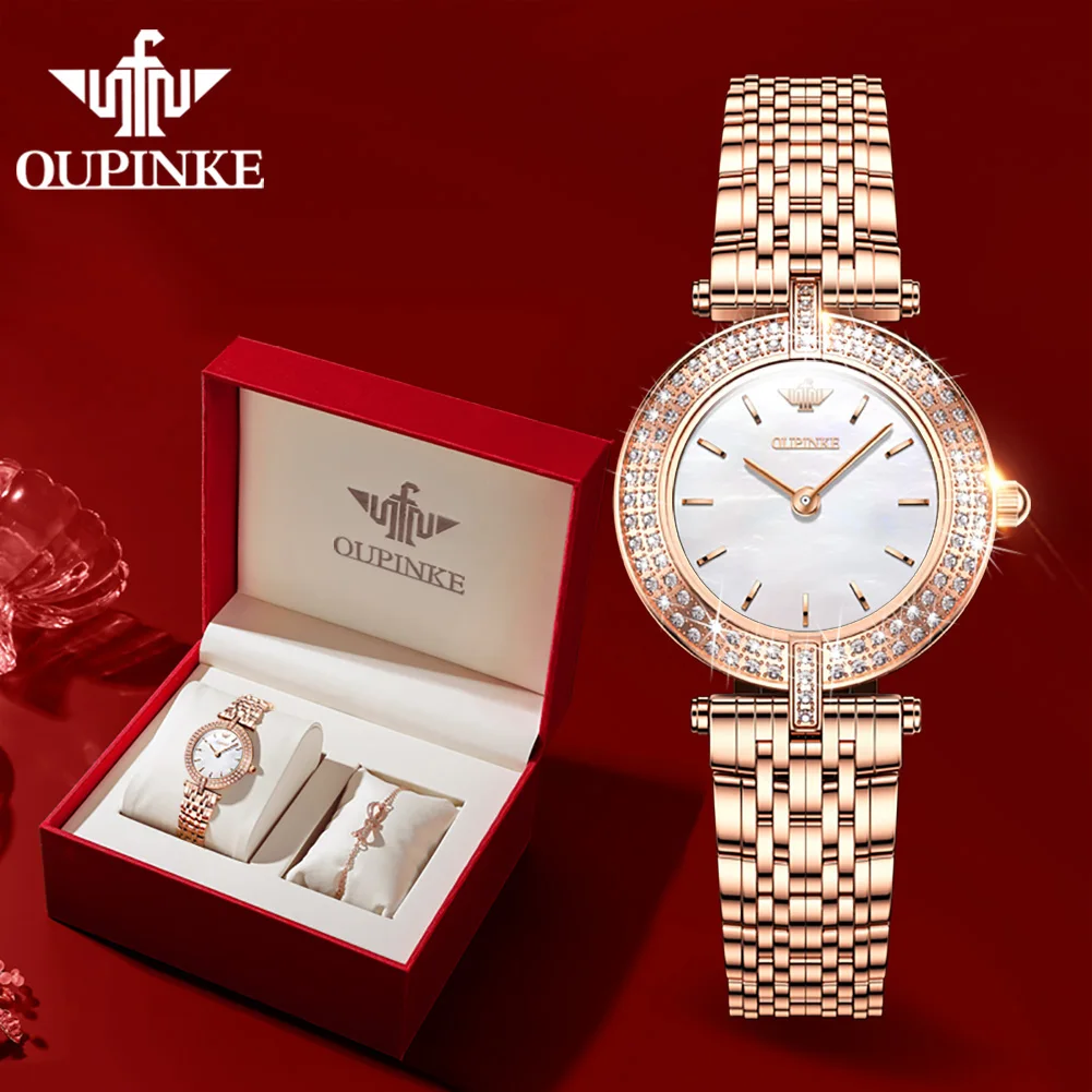 OUPINKE Swiss Quartz Watch for Women Luxury Diamond Sapphire Mirror Watperoof Watches Original Ladies Dress Wristwatch Gift Set