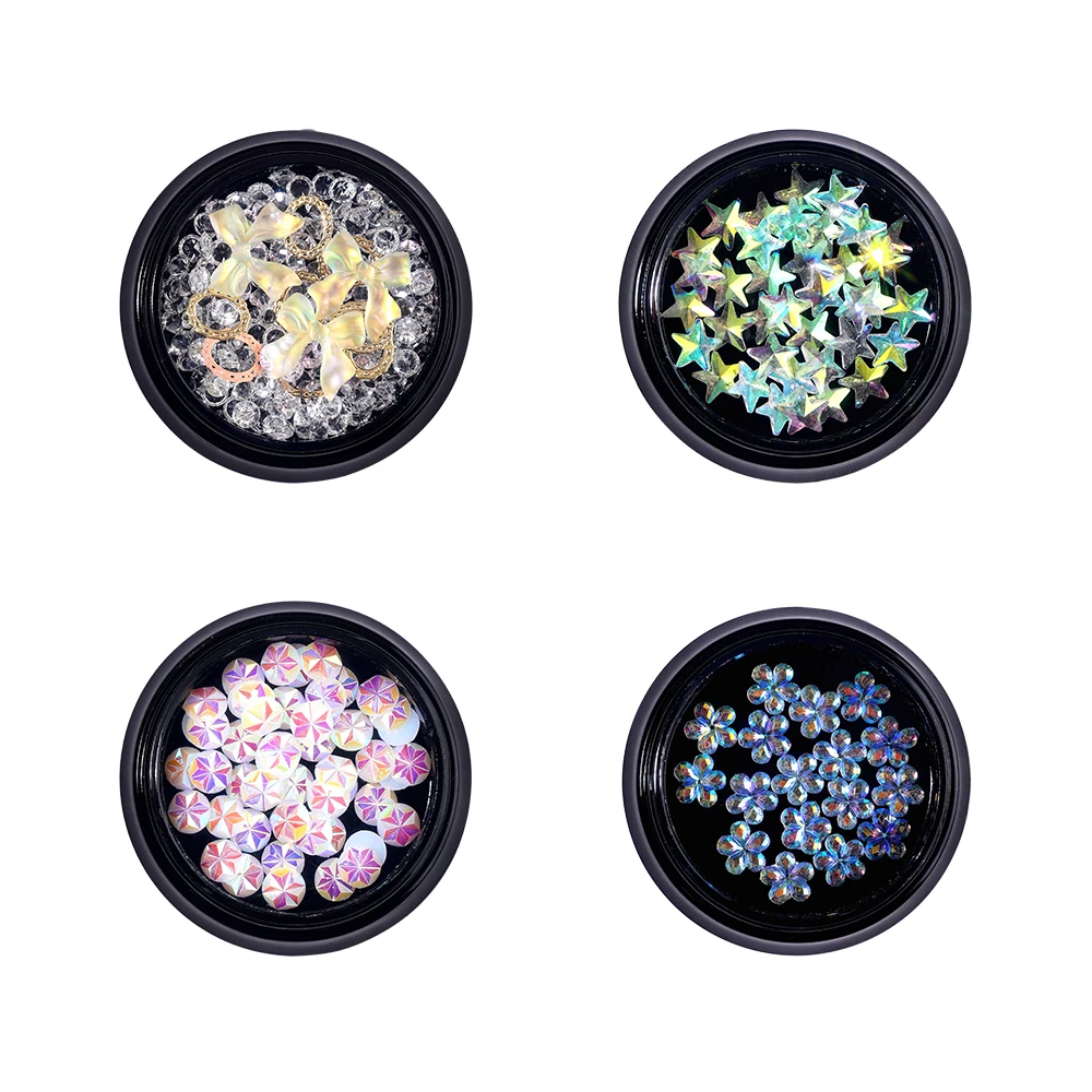 

1 Box 3D Resin Aurora Nail Flower Pentagram Bowknot Ribbon Transparent Dot Bottom Drill DIY Nail Art Decoration Accessories