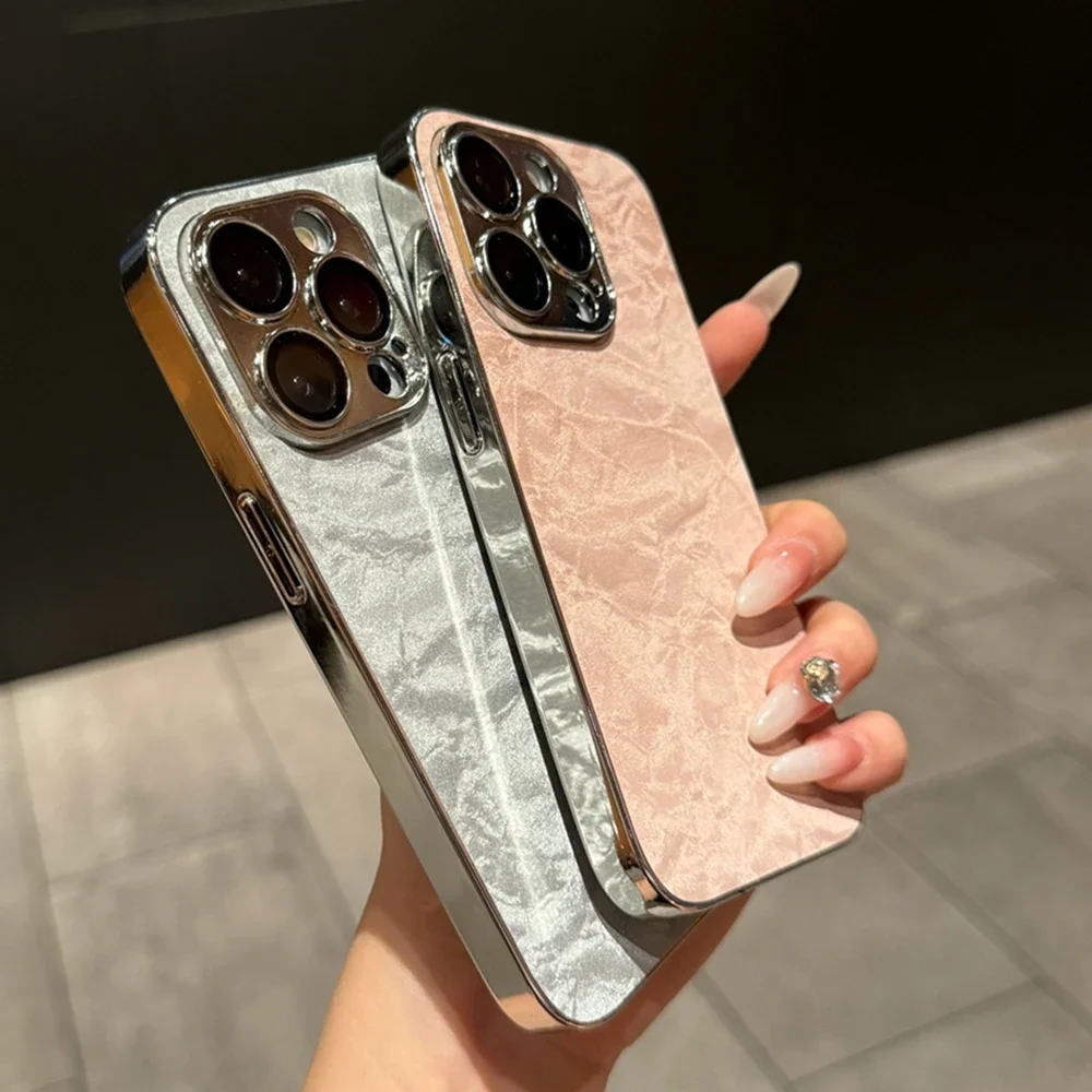 Кожаный чехол Ripple Plating для iPhone 16 13 14 11 12 15 Pro Max Plus защитный объектива камеры жесткий