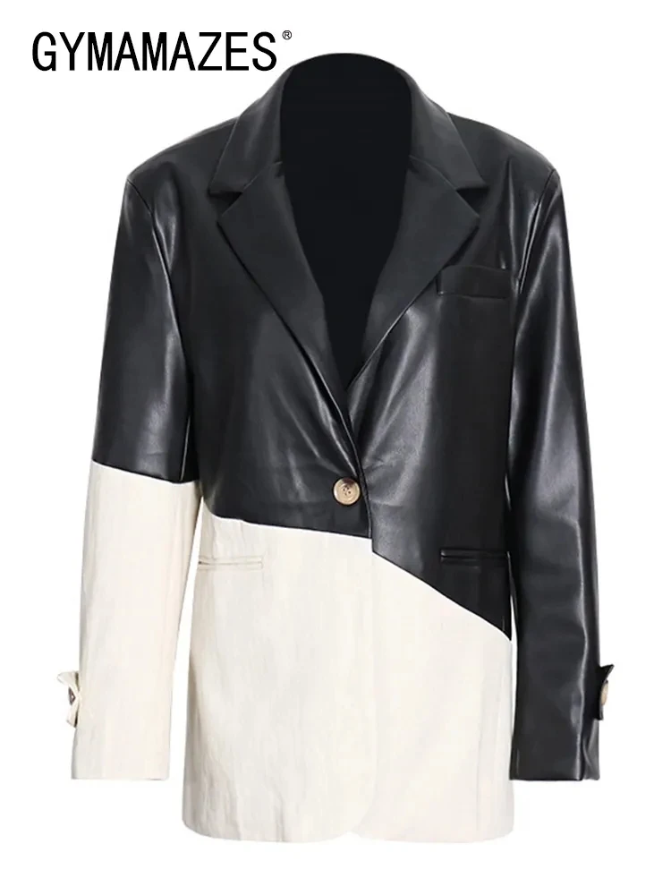 

Женский блейзер из ПУ кожи GYMAMAZES, однобортный Блейзер с отложным воротником и длинным рукавом, модная одежда в стиле пэчворк