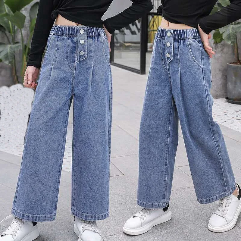 

New Arrival Girls Jeans Wide Leg Pants Straight Cotton Children Loose Jeans Ripped Denim Trousers Fashion Kid Big Girls Clothing