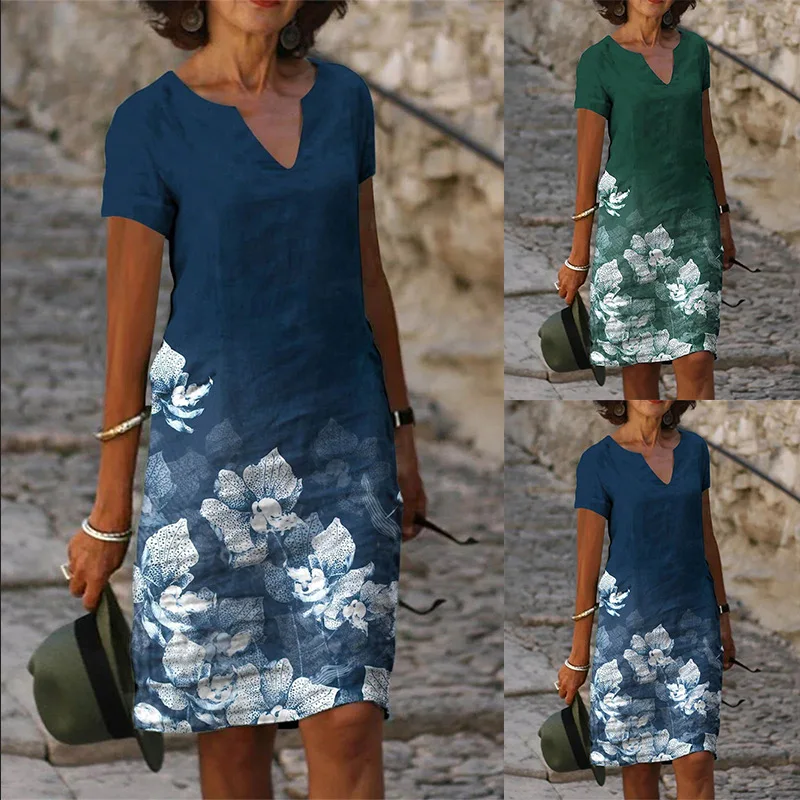 Summer Fashion Women'S Casual Flower Print Cotton Linen Short Sleeve V-Neck Mid Length Dress Lady