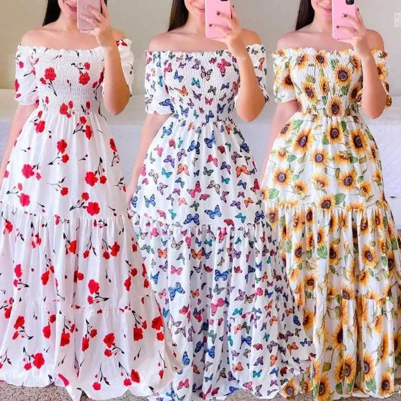 

Womens Summer Off Dress Neck Printed Large Swing Tube Top Long Skirt