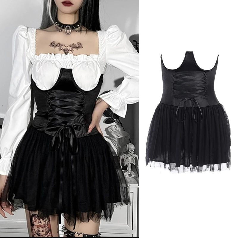 

Women Gothic Punk Underbust Corset Mesh Mini Skirt Crisscross Lace-Up Front Pleated A-Line Bustier Tutu Dress Renaissance Party