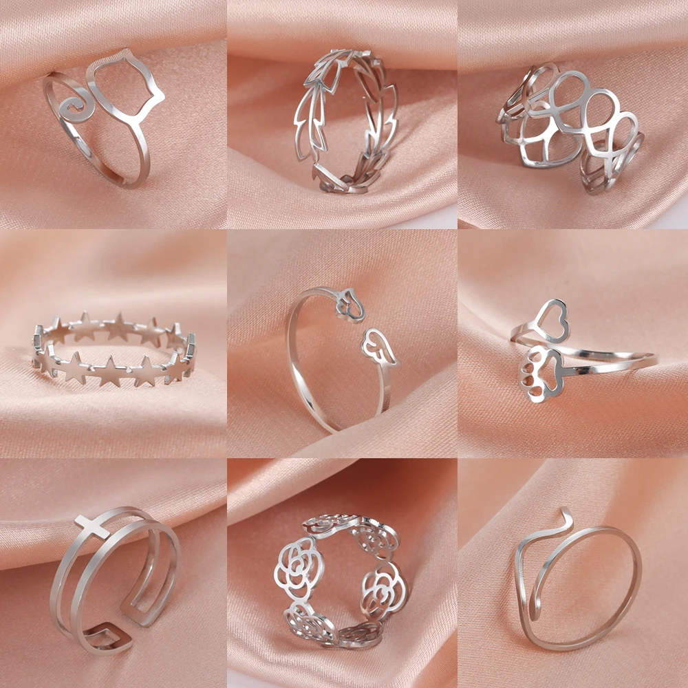 

Teamer Stainless Steel Ring for Women Couple Rings Heart Cat Paw Flower Snake Star Music Adjustable Finger Ring Jewelry Gift