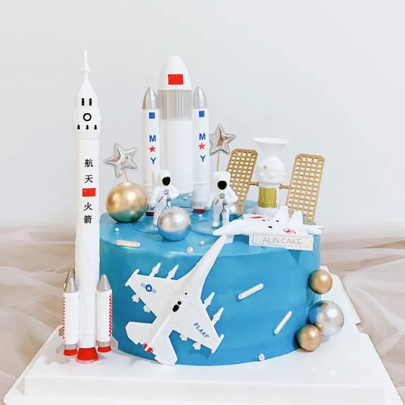 

7pcs Space Rocket Set Spaceman Aircraft Satellite Cake Topper For Kids Outer Space Astronaut Theme Birthday Party Decorations