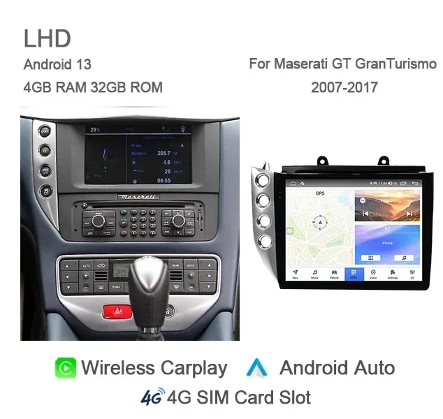 

10,4 "авто Android 13 автомобильный радиоприемник GPS мультимедийный плеер 6G + 128 ГБ Wi-Fi LTE навигация стерео для Maserati GranTurismo GT 2007-2017