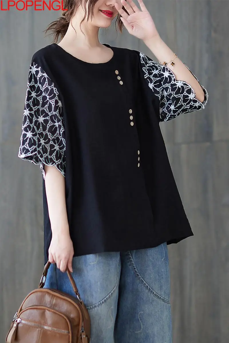 

Elegant Women Summer Casual T-shirts New O-neck Solid Color Female Hollow Out Embroidery Short Sleeve Oversized Loose Tops Tees