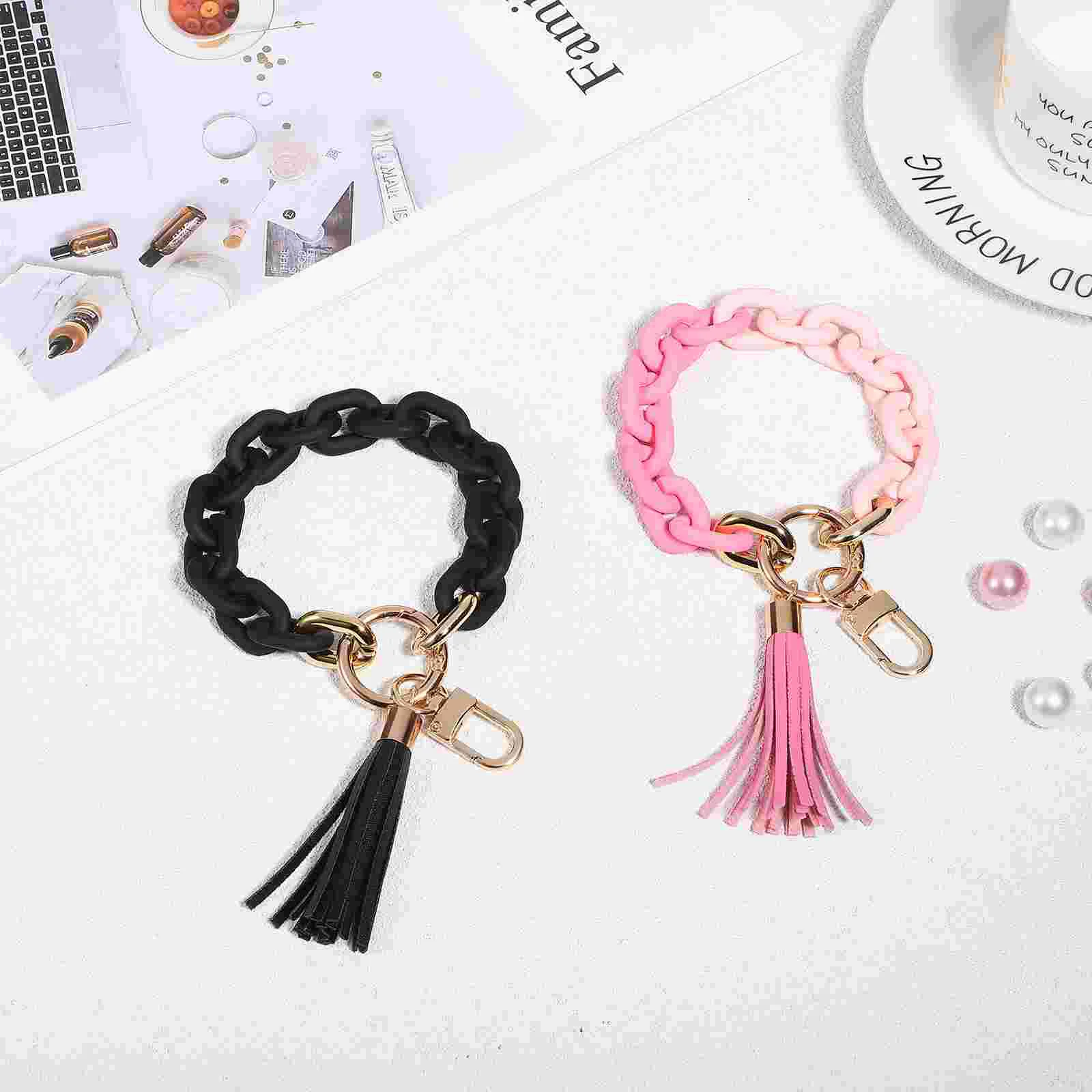 

2 Pcs Chunky Chain Link Keychain Wristlets with Tassels Acrylic Bangle Keyring Bracelets Car House Keychain Holders