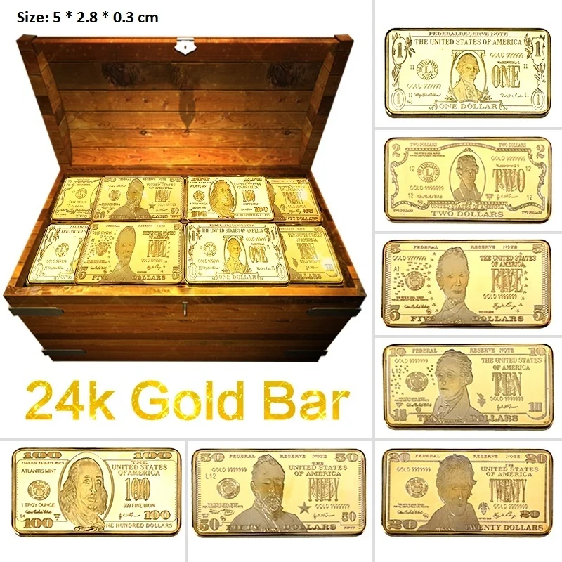 

24K Gold/Silver Plated Bar/Coin US Dollar Money Design Metal Souvenir Gold Clad Bullion Set Collectible Business Gift for Men