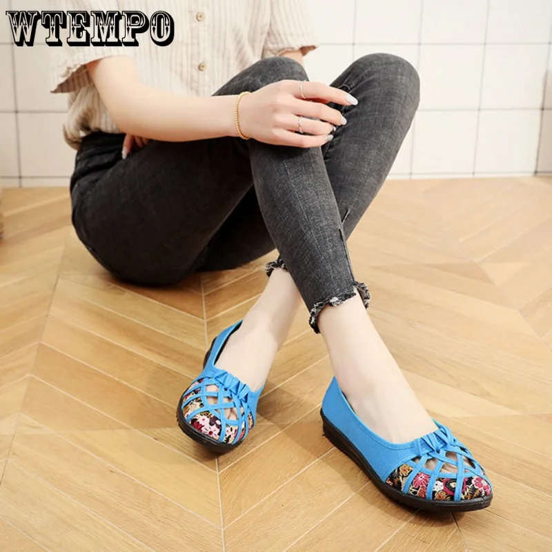 WTEMPO Women Flat Shoes Casual Hollow Mesh Cloth Loafers Slip on Summer Spring Mother Sandals Breathable Shoes Dropshipping