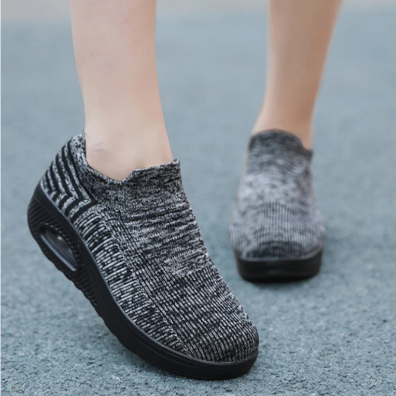 Light Women's Sneakers Air Cushion Cushioning Stretch Cloth Sock Shoes Slip on Platform Casual Sport Footwear Morning Running