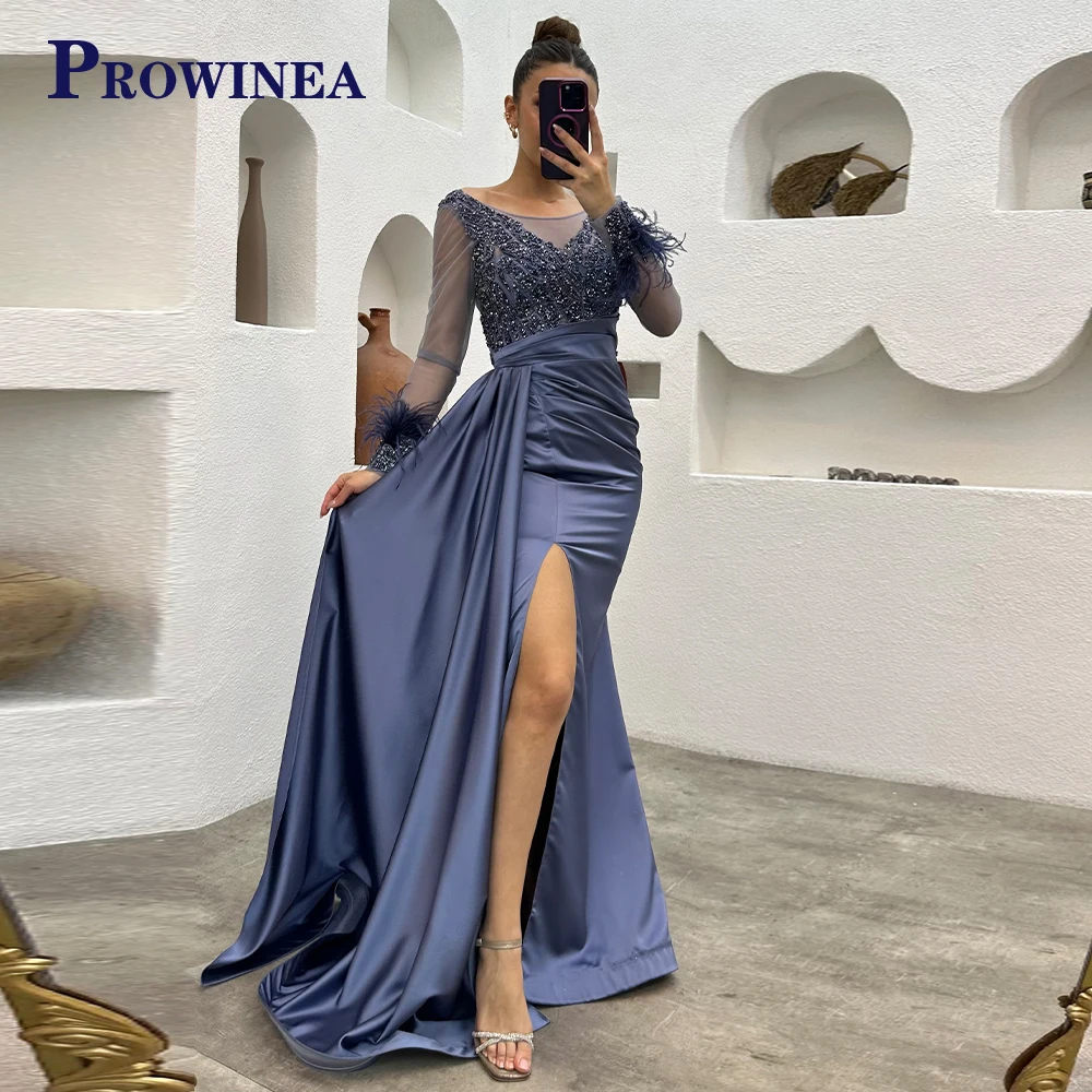 

Prowinea Exquisite Beadings Feathers Sequined Evening Gowns Satin For Women Side Slit Custom Made Scoop Vestido De Fiesta Pleat