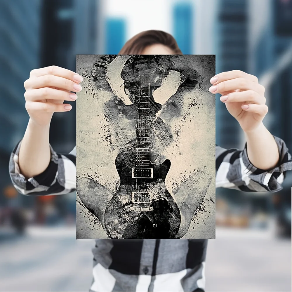 Женская картина тушью с яркой гитарой - безрамное холст современный черно-белый