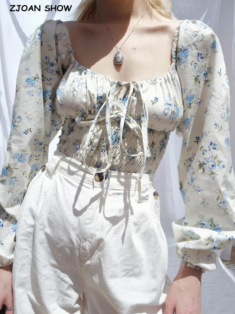 

Женская укороченная рубашка с квадратным вырезом, цветочным принтом и бантом Фугу корсет цветы бабочка узел прилива ремень квадратный воро...