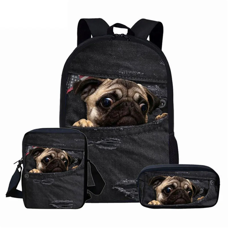 "Школьная сумка для мальчиков и девочек, детский рюкзак с принтом милой собаки и мопса, сумки для книг, 3 шт./компл."