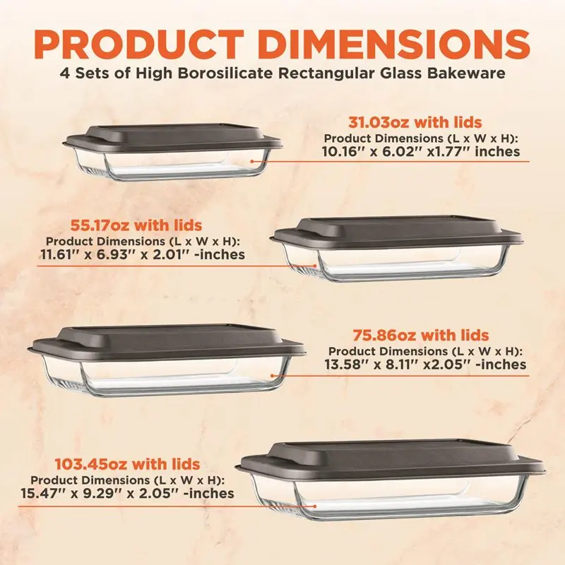 

Premium Quality High Borosilicate Glass Rectangular Bakeware Set - 4 Sets with PE Lid, Perfect for Oven, Microwave and Freezer S