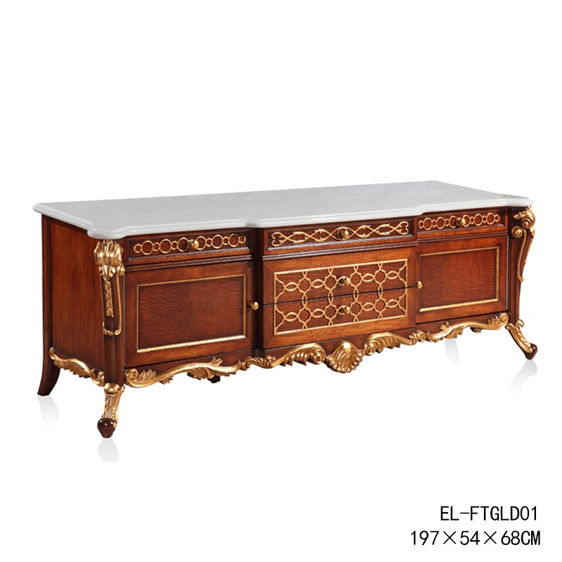 European French vintage villas luxury solid wood imported beech TV cabinets carved flowers pasted with gold foil to make old