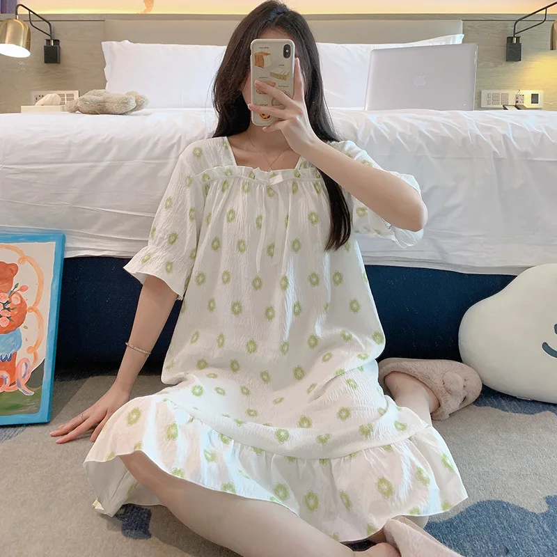 Женская ночная рубашка с квадратным вырезом и бантом летняя тонкая мягкая