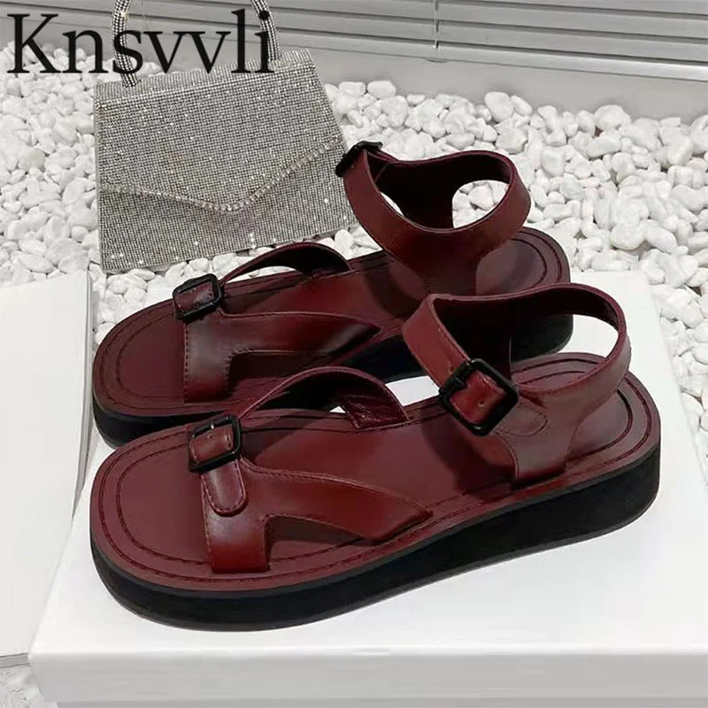 

Thick Sole Sandals Women Genuine Leather Back Strap Square Toe Flat Shoes Woman Leisure Buckle Strap Open Toe Sandals Female