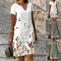 fashion vintage v neck mini skirts women summer elegant casual printed short sleeves mid length plus size pullover dress