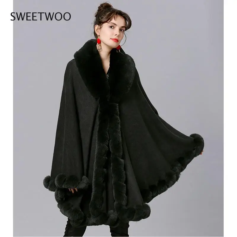 Elegant V Lapel Rex Rabbit Fur Coat Cape Winter Women Big Long Shawl Full Trim Faux Fur Cashmere Cloak Overcoat Parka 2022 New