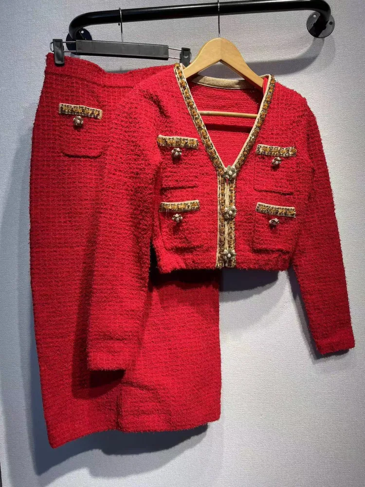 QMQA Модные женские твидовые комплекты из 2 предметов с v-образным вырезом и