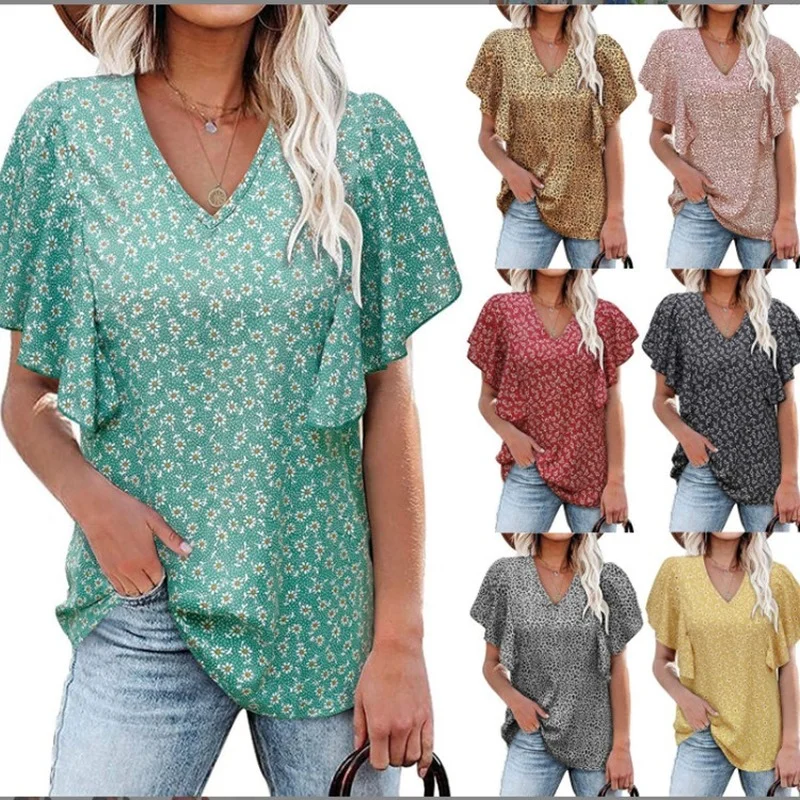 

2022 Summer New Women's V-neck Floral Pleated Shirt Casual Loose T-shirt Batwing Sleeve Y2k Aesthetic Kawaii Clothes